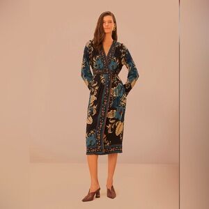 Farm Rio Black Blossom Tapestry Midi Wrap Dress